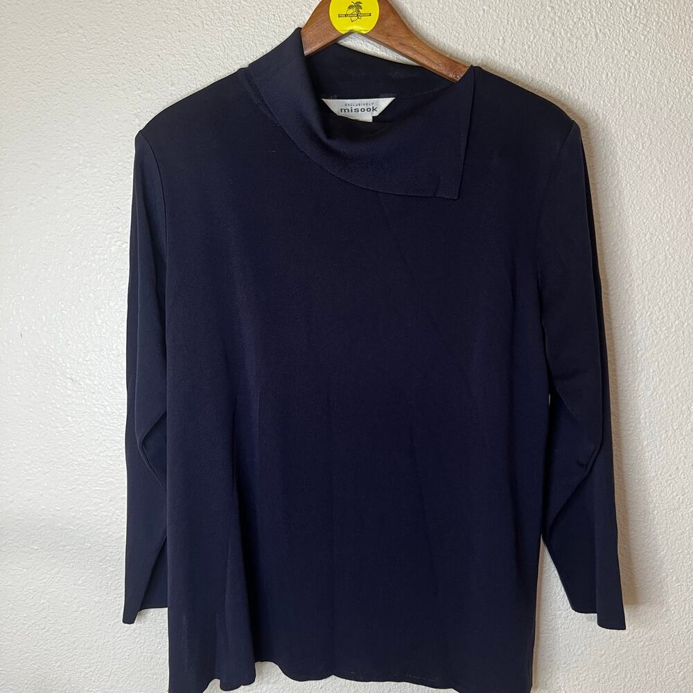 Exclusively Misook dark blue asymmetric collar  blouse WOMENS XL